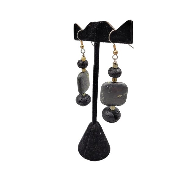 Black Lava Rock Green Tree Agate Dangle Earrings Fish Hook Closure Handmade - Picture 4 of 6